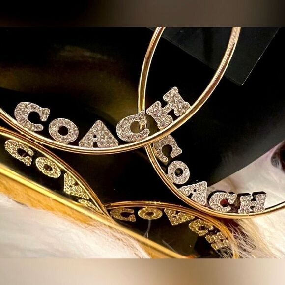 NWT Coach Signature Gold Big 3”Gold Polished Shinny Round Hoop Monogram Earrings - Picture 3 of 12